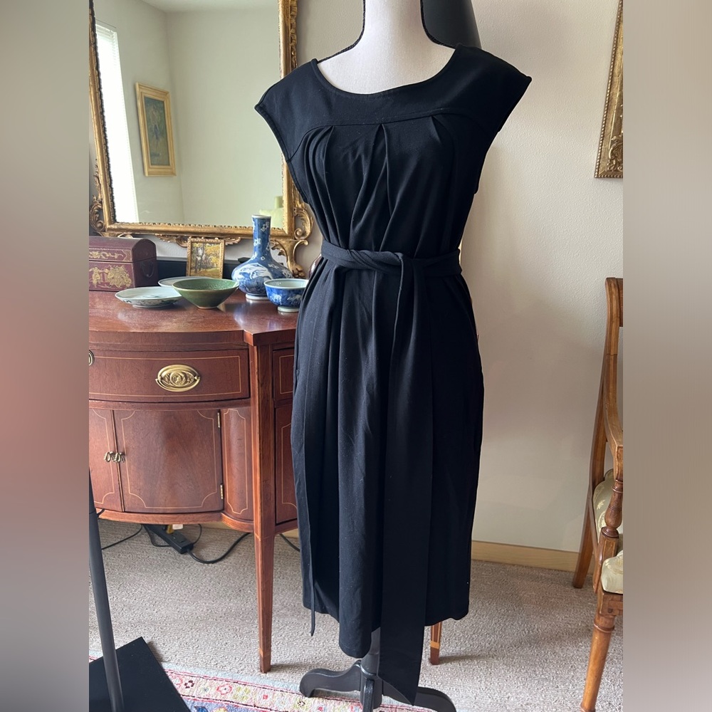 Talbots black knit dress S fits M. Pockets and sash.
